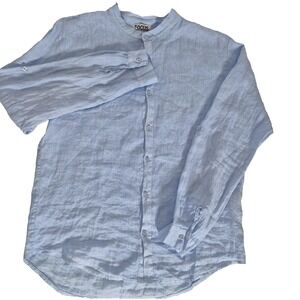 Focus Shirt Mens Large Blue Linen Long Sleeve Band Collar Made In Italy